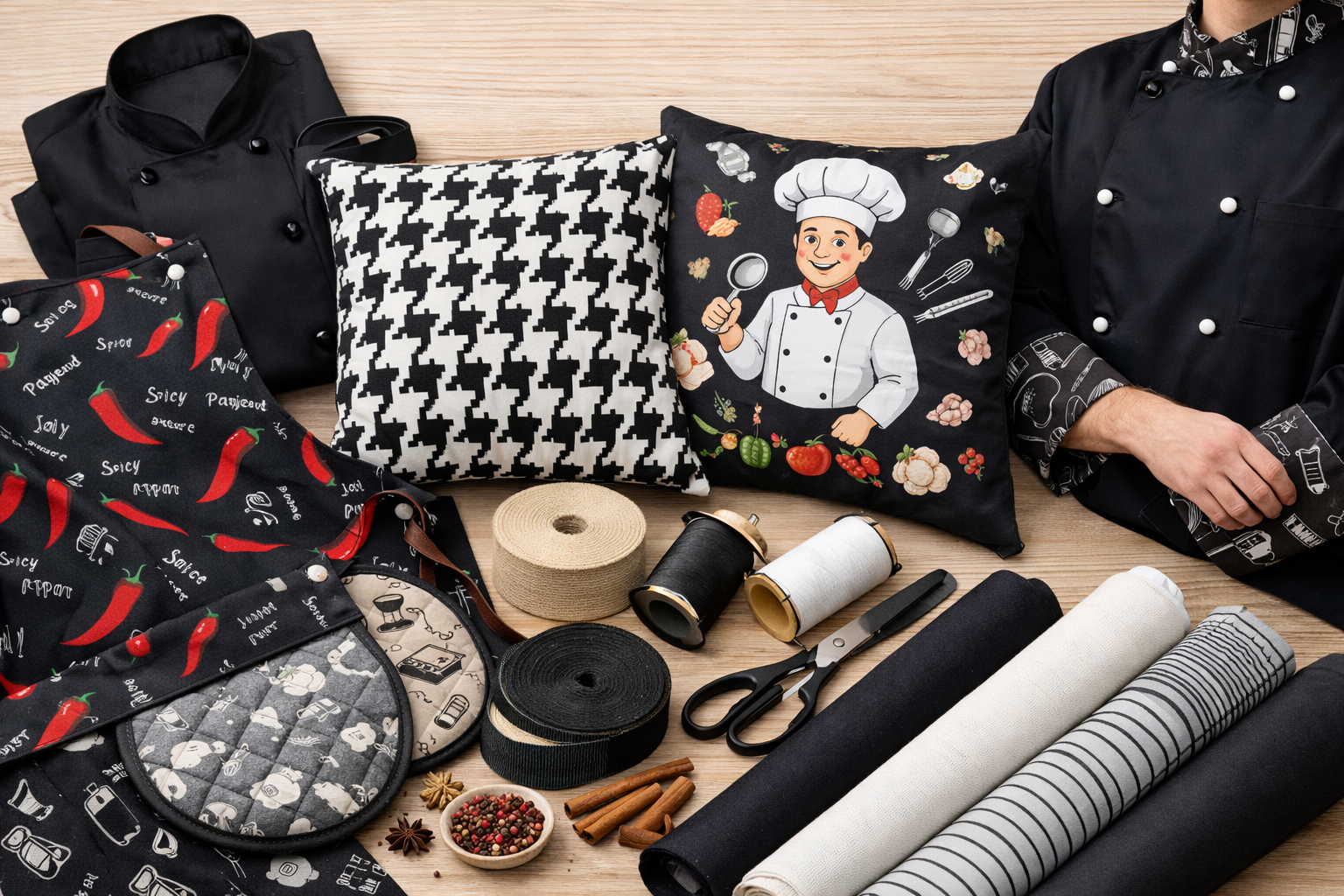 Подборка материалов для пошива фартуков, кителей и текстиля для кухни